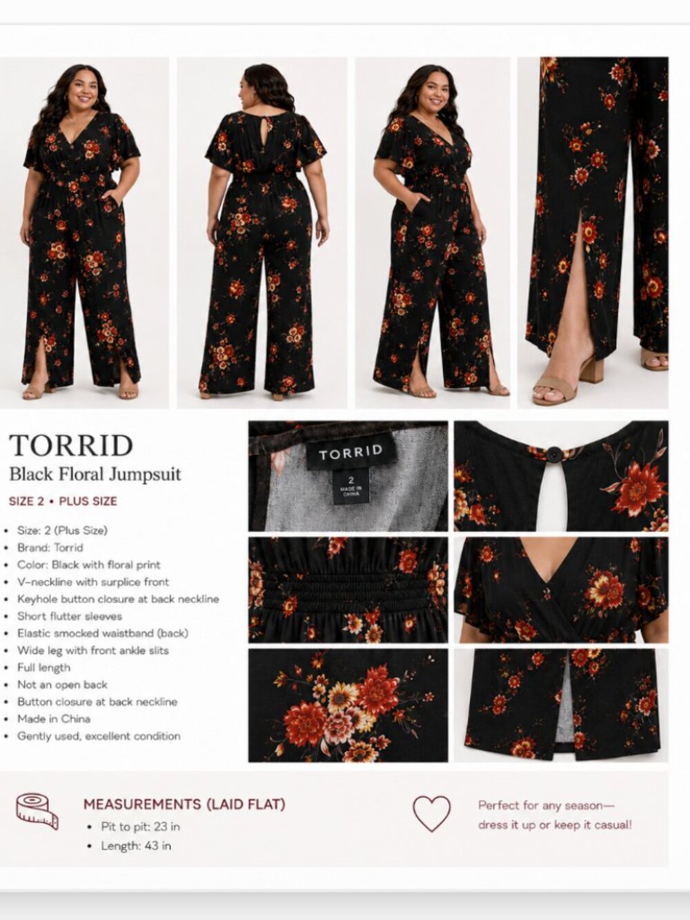 TORRID Size 2 Black Floral Wide Leg Jumpsuit Plus Size